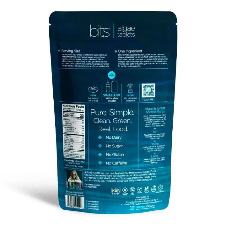 Large bag of ENERGYbits Spirulina, a natural green algae supplement in a resealable package.