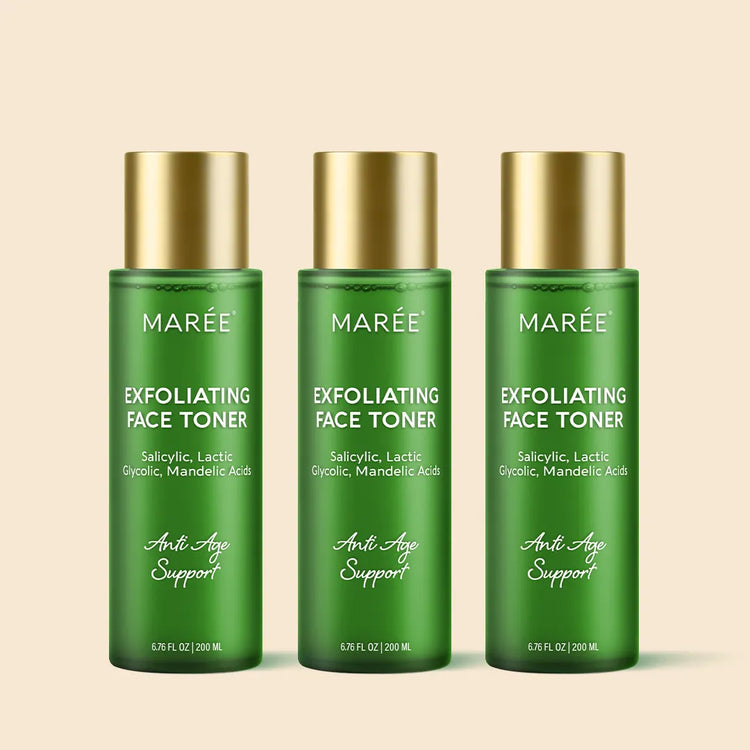 Maree Daily Glow Exfoliating Toner bottle with clear liquid and label, designed for gentle facial exfoliation and skin renewal.