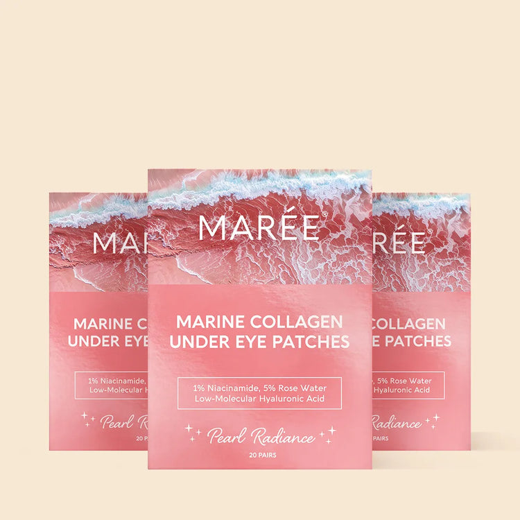 Pink eye patches for puffy eyes by Maree, showing soothing gel patches applied under the eyes for reducing puffiness.