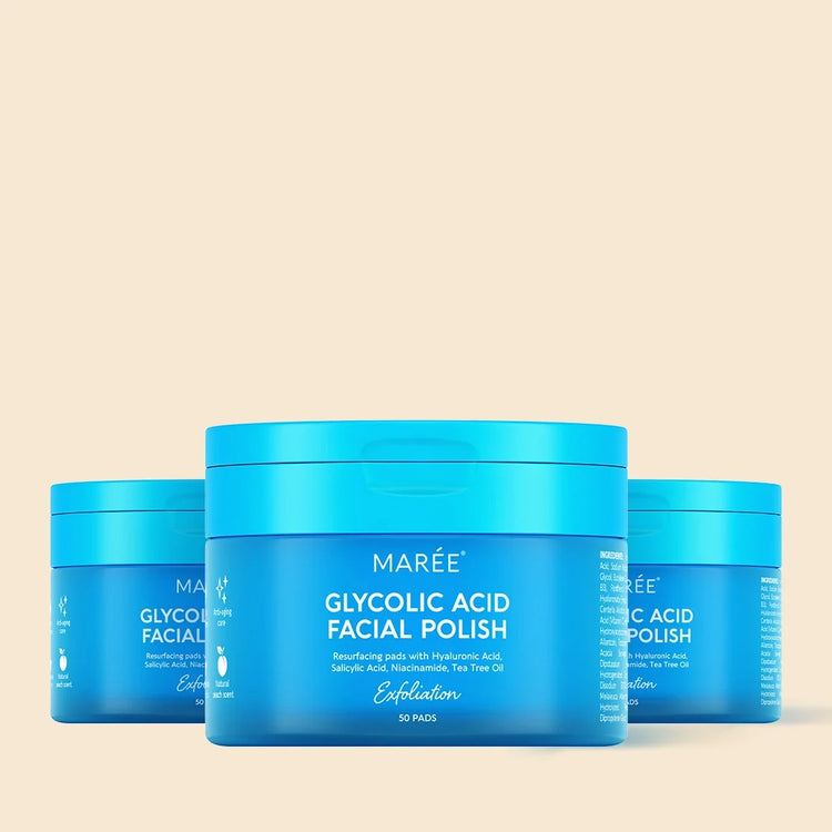 Maree Glycolic Acid Exfoliating Pads with three variants, showing textured pads and packaging for gentle facial exfoliation.