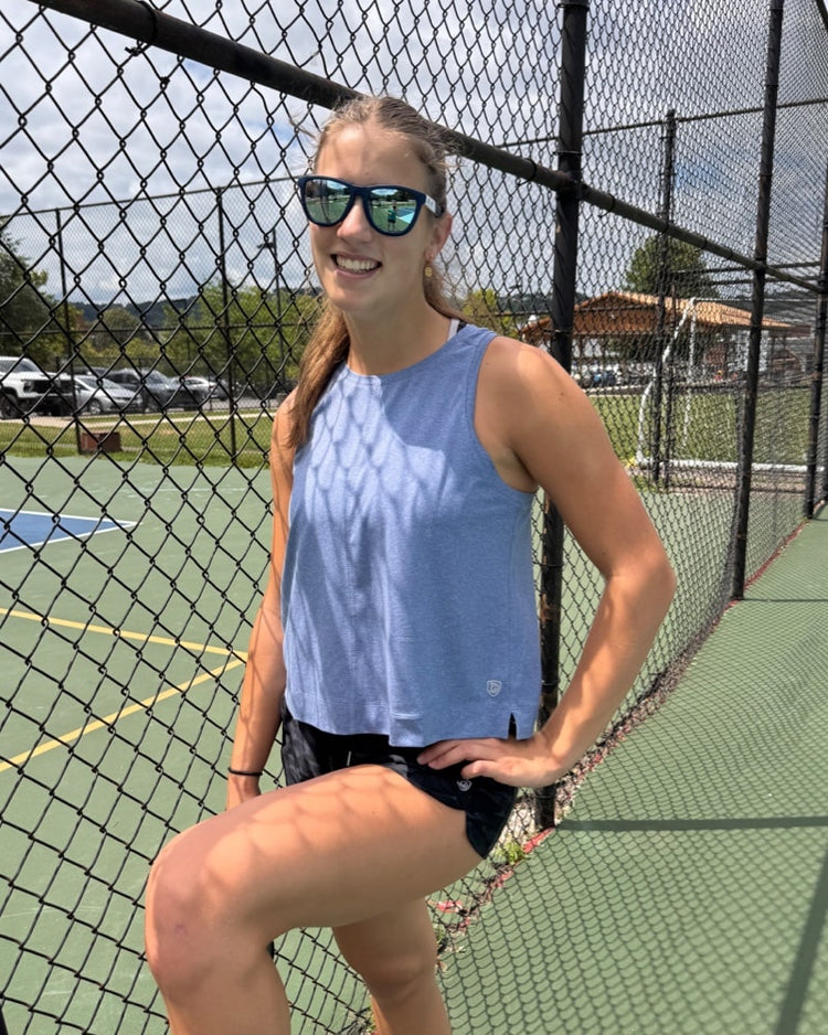 Dark grey Goal Five boxy crop tank top, XS size, showcasing its relaxed fit and soft fabric for casual wear.