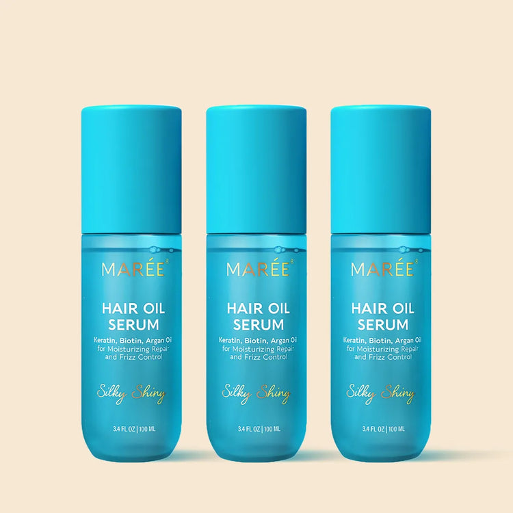 Maree keratin oil serum for smooth, shiny hair, showing a sleek hair strand and the serum bottle on a white background.