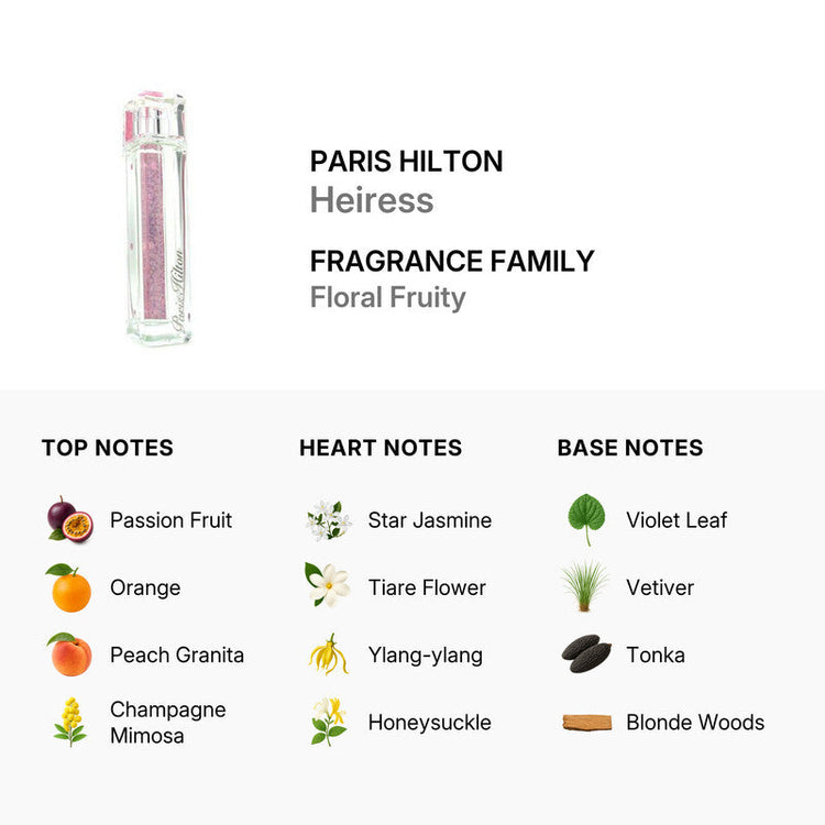 Paris Hilton Heiress Eau de Parfum spray for women, 3.4oz, featuring a sleek bottle with floral and fruity scent accents.
