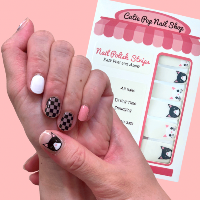 Pink Lemonade nail strips by Cutie Pop Nail Shop with vibrant pink and lemon design on a clear adhesive strip.