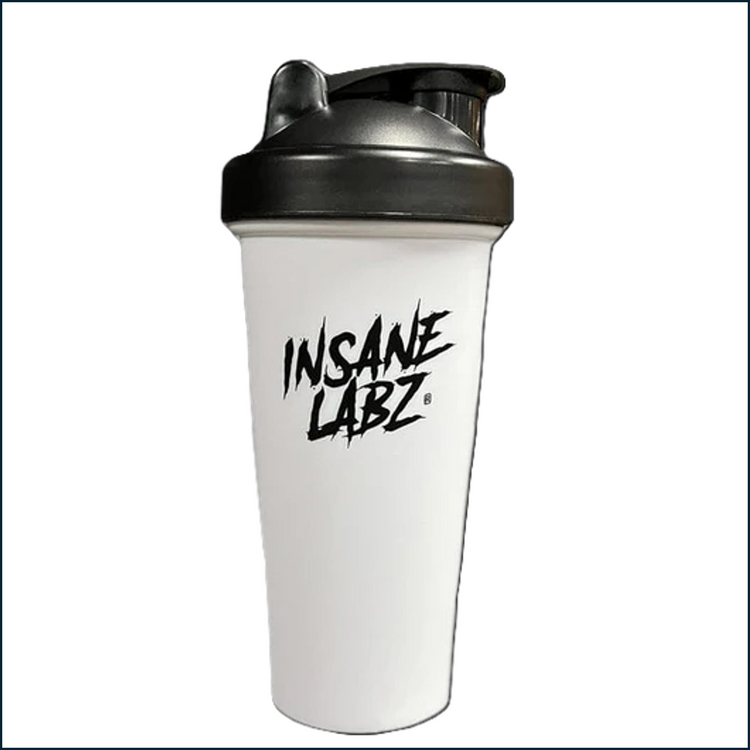 Black Insane Laz Shaker Cup with black lid, 24oz capacity, featuring Insane Labz branding on a white background.
