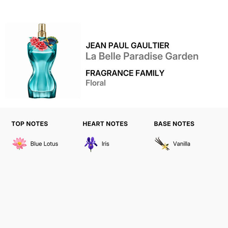 Jean Paul Gaultier La Belle Paradise Garden perfume for women, 3.4oz Eau de Parfum with floral and fruity notes.