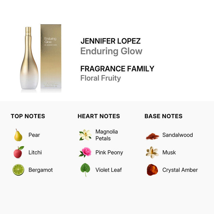 Jennifer Lopez Enduring Glow Eau de Parfum for women in a 3.4 oz spray bottle, featuring a sleek perfume design.