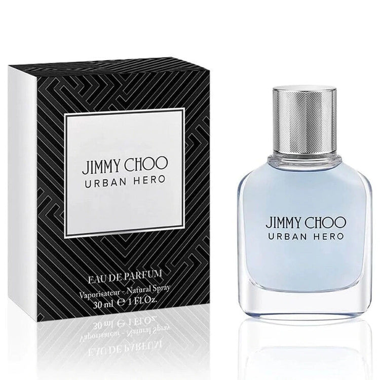 Jimmy Choo Urban Hero EDP spray 3.4 oz, featuring sleek bottle design and modern fragrance presentation.