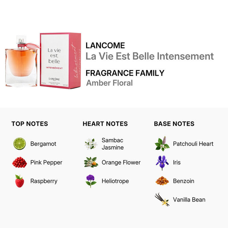 Lancome La Vie Est Belle Intensément Eau de Parfum for women, 3.4 oz perfume bottle, with elegant design and floral accents.