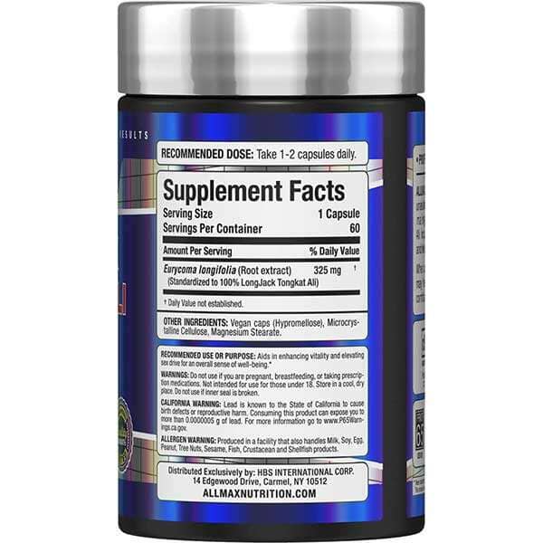 Allmax Longjack Tongkat Ali capsules, natural testosterone booster supplement for enhanced vitality and energy.