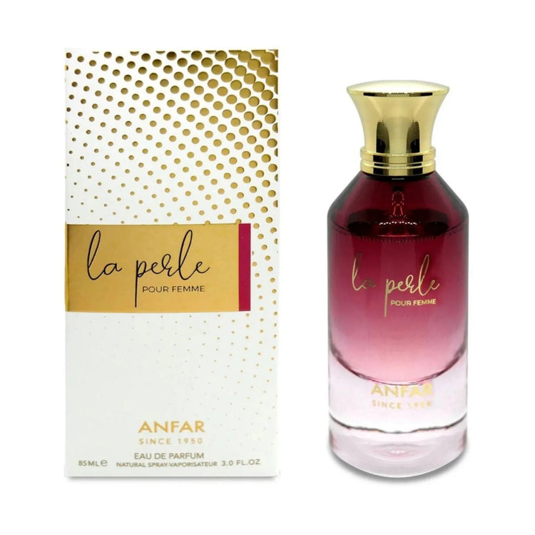 Anfar La Perle Pour Femme Eau de Parfum 3oz bottle with a sleek red and silver design, elegant fragrance packaging.
