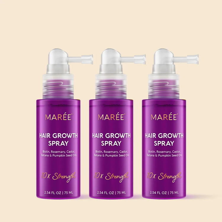 Maree 4-in-1 Hair Growth Spray bottle, natural ingredients, designed to promote healthy hair growth and scalp nourishment.
