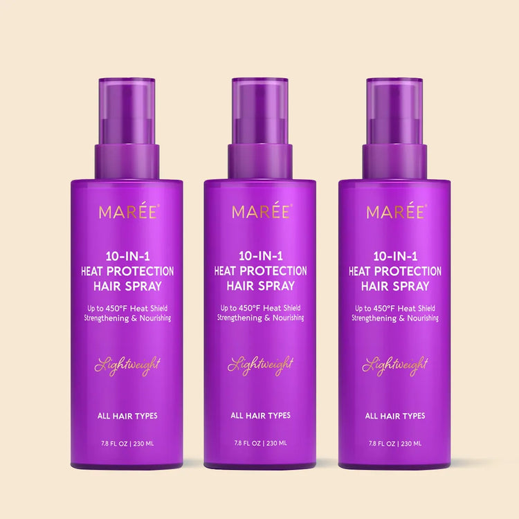 Maree Heat Styling Protective Hair Spray bottle with spray nozzle, designed to protect hair during styling processes.
