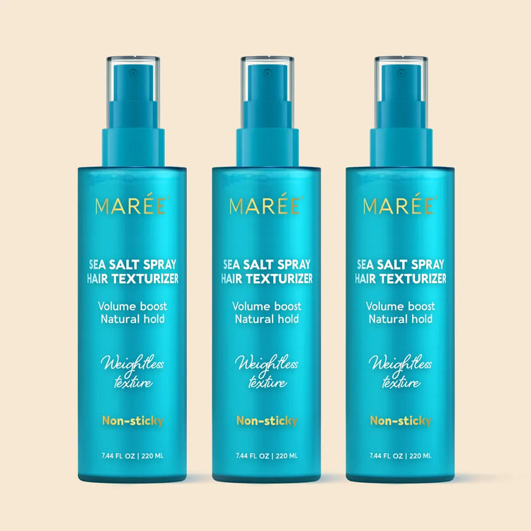 Maree Keratin & Sea Salt Hair Texturizer bottle showing textured hair with beachy waves and natural hair finish.