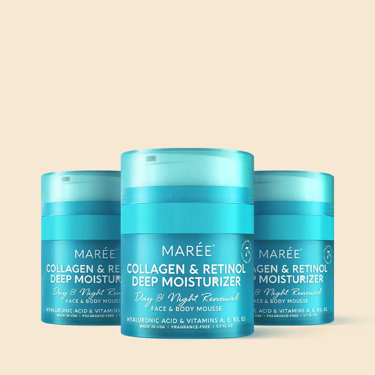 Maree Retinol & Collagen Anti-Age Cream jar with cream visible inside, designed for youthful skin and skincare routine.