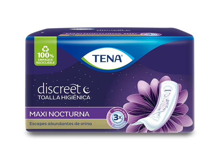 Tena Women Discreet Maxi overnight sanitary pads by Farmacias Savia, shown in a pack of 10, designed for discreet protection and comfort.