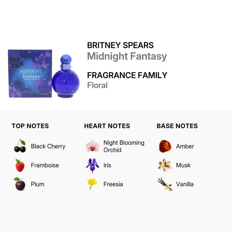 Britney Spears Midnight Fantasy Eau de Parfum spray for women, 3.3 oz, featuring a sleek bottle design.
