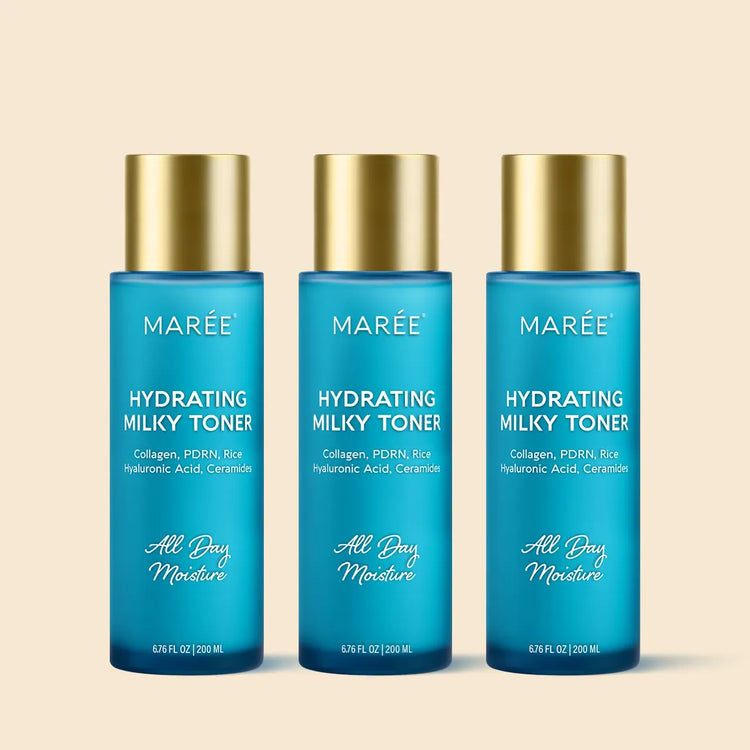 Maree Milky Rice Hydrating Toner in a clear bottle with white milky liquid, designed for soothing and moisturizing skin.