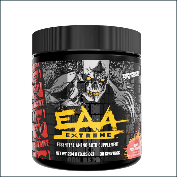 Mutant EAA Extreme BCAA and amino acids in guava passionfruit flavor, 30 servings, supplement powder in a shaker bottle
