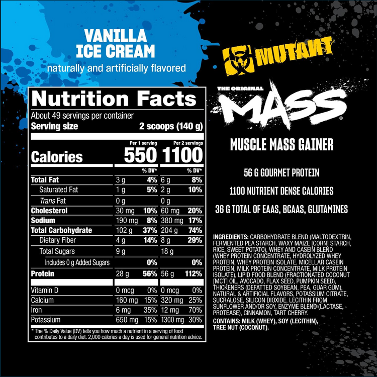 Nutrition facts panel for Mutant Mass 15lbs weight gainer by PoorBoySupplements.com, showing ingredient list and nutritional information.