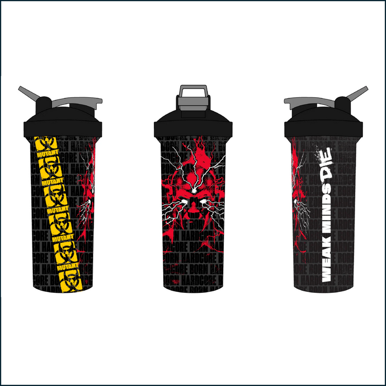 28oz Mutant "Weak Minds Die" shaker cup featuring bold logo design on all three sides, perfect for fitness enthusiasts.