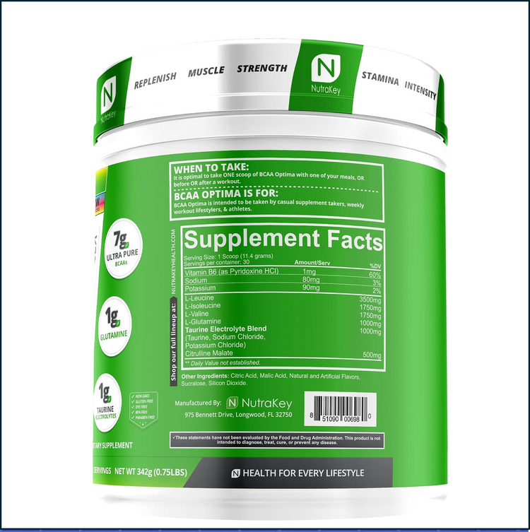 Nutrake BCAA Optima supplement box showing nutritional panel with amino acids for muscle recovery and hydration.