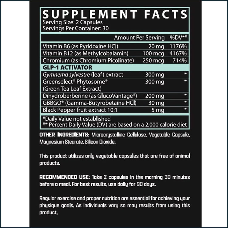 Nutrex GLP1+ Control weight loss capsules from PoorBoySupplements.com, showing the nutritional panel and capsule packaging.