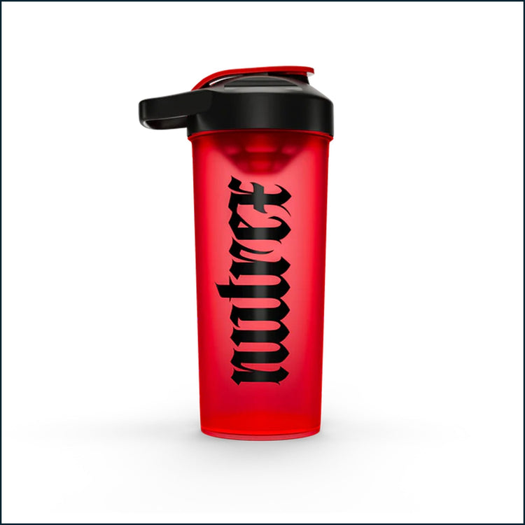 Red Nutrex Gothic Logo 25oz shaker bottle with black lid, designed for mixing supplements and fitness drinks.