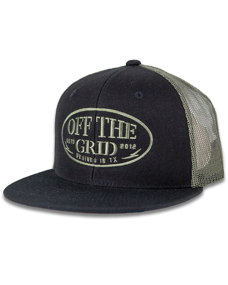 Black olive grunge snapback hat by Off The Grid Surplus featuring a classic adjustable design and bold front graphic.