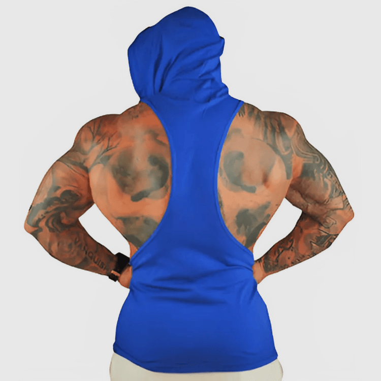 Black sleeveless hoodie by Physique Bodyware featuring a hoodie design and barbell graphic, ideal for athletic and casual wear.