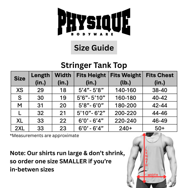 Black Physique Bodyware stringer tank top with fitted design, suitable for gym and workout wear.