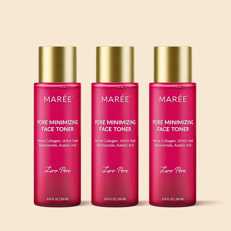 Maree hydrating pore refining toner in a clear bottle, showing its smooth, flawless skin effect with a refreshing and hydrating formula.