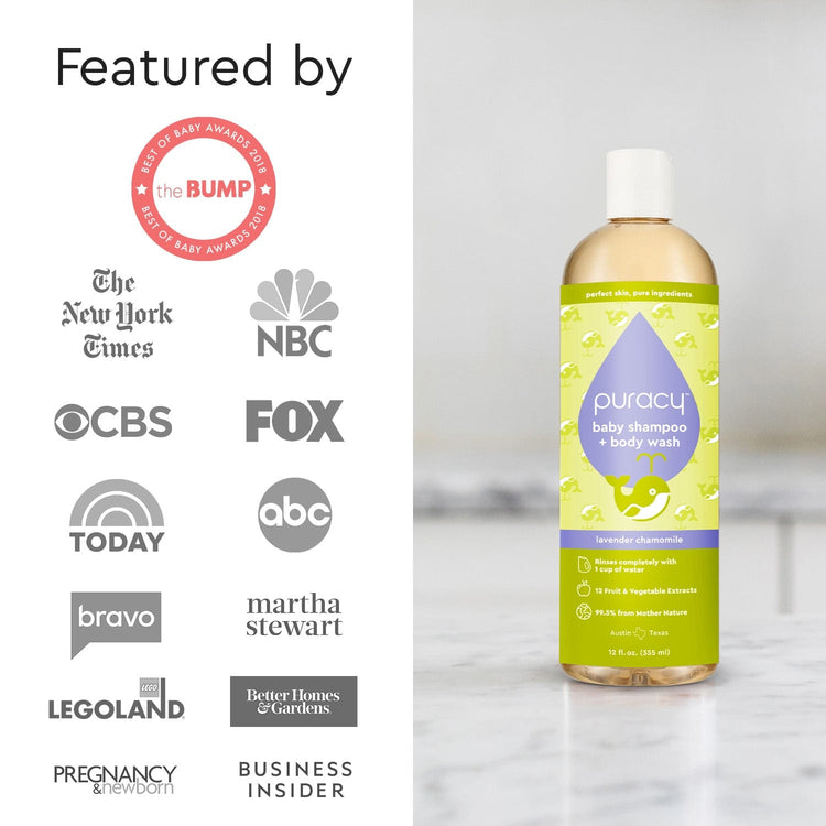 Puracy baby shampoo and body wash in citrus grove scent, tear-free formula, standard pack of 2 bottles, gentle for delicate skin.