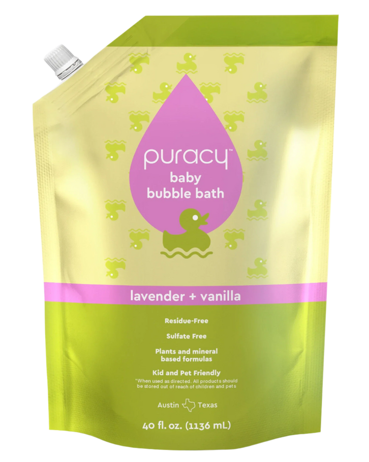 Puracy hypoallergenic lavender vanilla baby bubble bath in a clear bottle with a pump dispenser, gentle for sensitive skin.