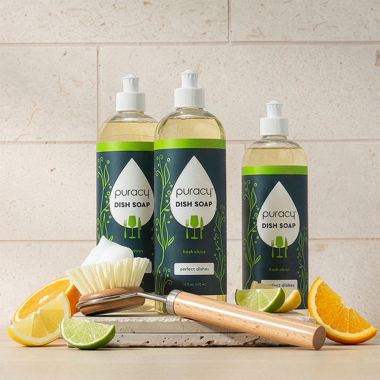 Puracy dish soap with green tea and lime scent, shown in a standard pack of three bottles, suitable for hand washing dishes.
