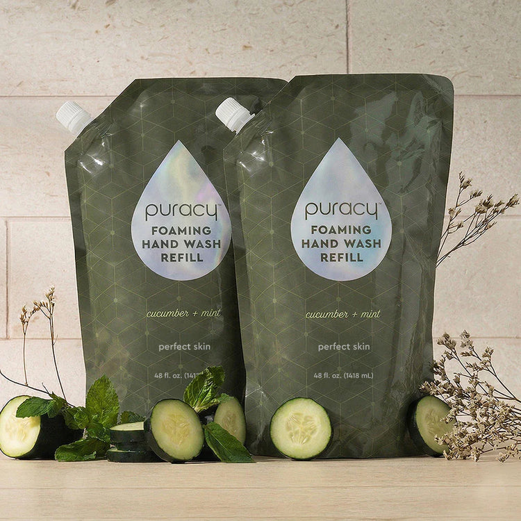 Puracy lavender vanilla foaming hand soap in a standard pack of three bottles with gentle, moisturizing foam for hand cleansing.
