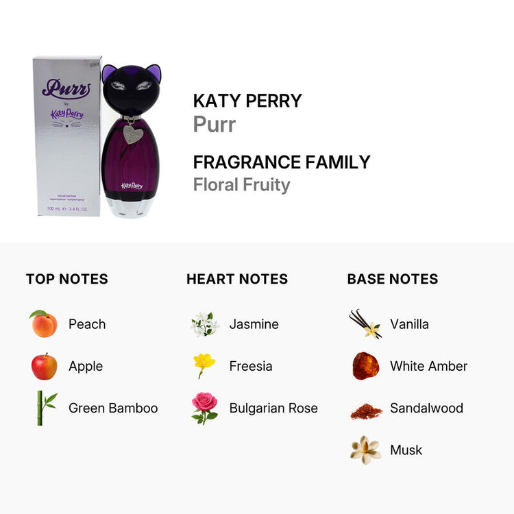 Katy Perry Purr Eau de Parfum spray for women in 3.4oz bottle, featuring floral and fruity notes in a stylish perfume bottle.