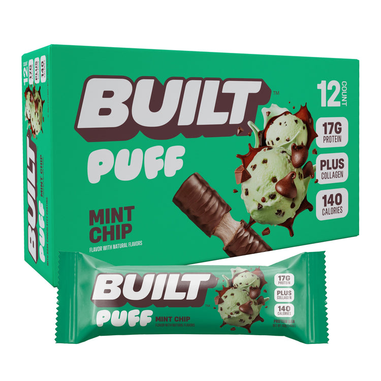 Stacked BUILT Mint Chip Puff snack bar showing its mint chip flavor and textured chocolate coating.