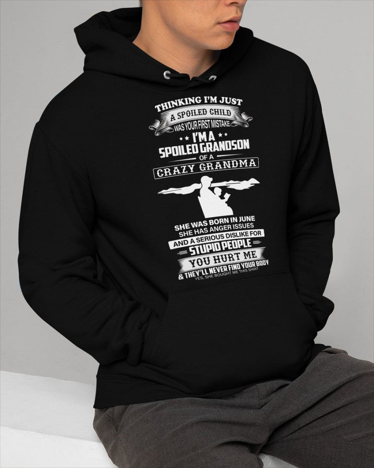 Black "Spoiled by Grandma" June Edition T-shirt for grandson, featuring playful text from TEELUVS.COM.