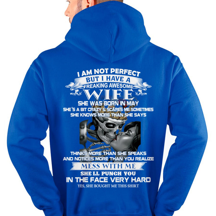 Black T-shirt for husband from wife with humorous "I am not perfect but I have an awesome wife" slogan, by TEELUVS.COM.