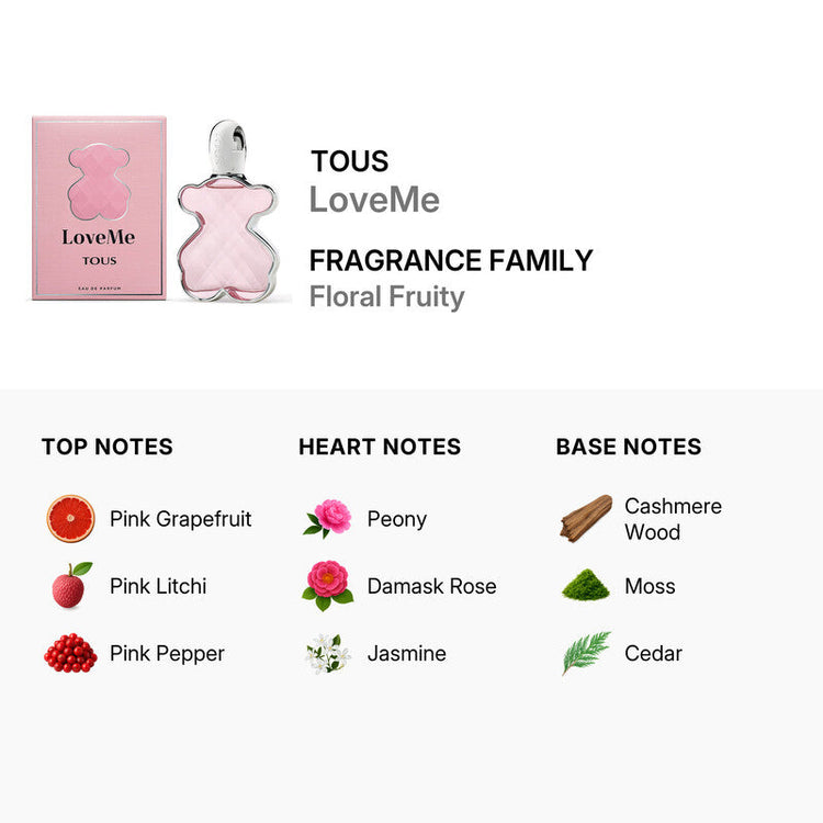 Tous LoveMe Eau de Parfum Spray for Women, 3 oz, featuring a sleek bottle with elegant design and floral accents.