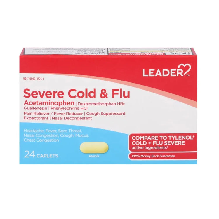 Pack of Leader Severe Cold & Flu Maximum Strength Day Time caplets by Farmacias Savia, designed to relieve cold and flu symptoms.