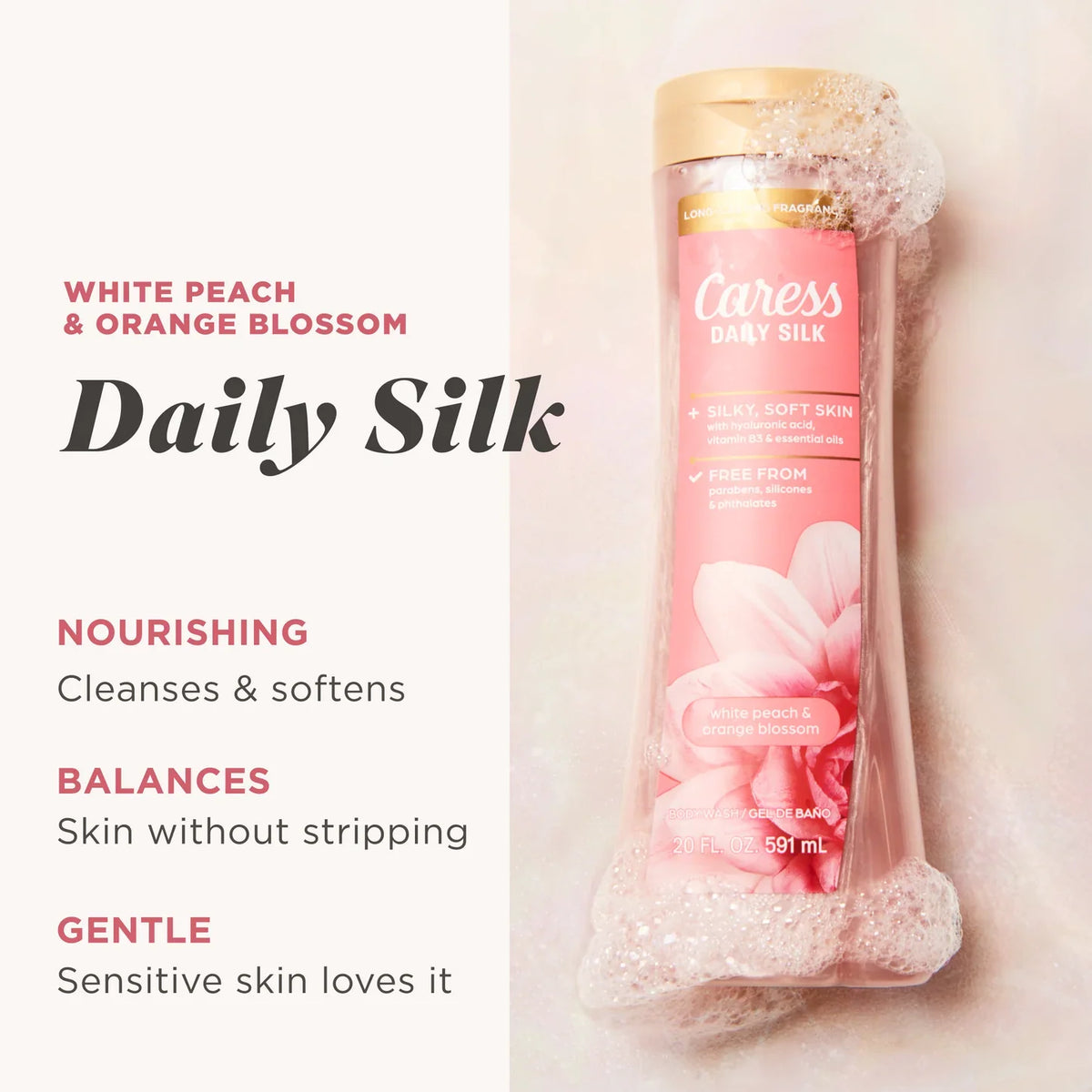 Farmacias Savia Caress eDaily Silk Body Wash in 20 fl oz bottle, smooth and moisturizing for daily skin care.