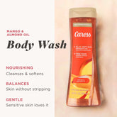 Farmacias Savia Caress Mango Almond Oil Body Wash bottle with a clean, minimalist label and a white background.