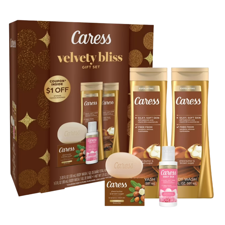 Caress Velvety Bliss Shea Butter and Brown Sugar gift set for women, featuring four luxurious skincare products in elegant packaging.