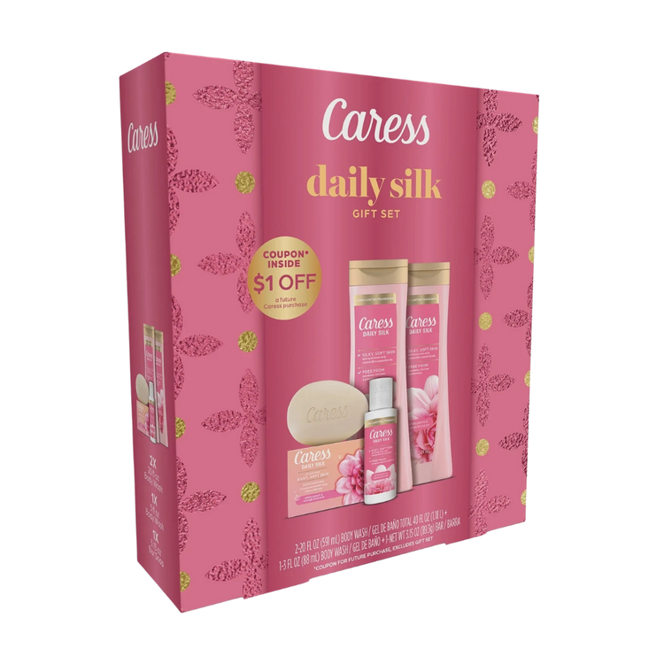 Caress Daily Silk White Peach and Orange Blossom gift set for women with four skincare and body products in elegant packaging.