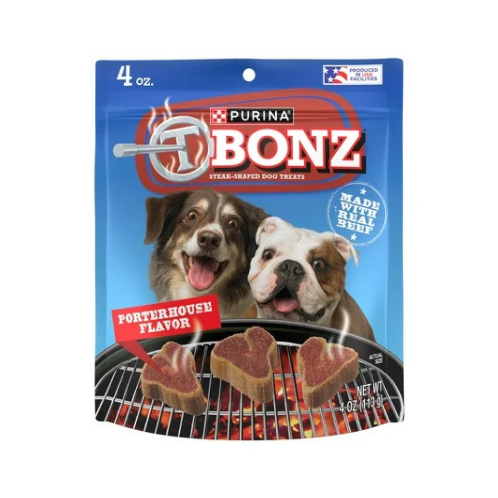 Farmacias Savia Purina T-Bonz Porterhouse Flavor dog treats, 4oz, showing crunchy dog snack biscuits.