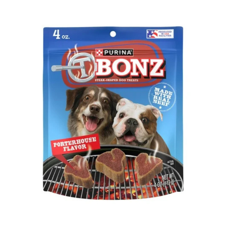 Farmacias Savia Purina T-Bonz Porterhouse Flavor dog treats, 4oz, showing crunchy dog snack biscuits.