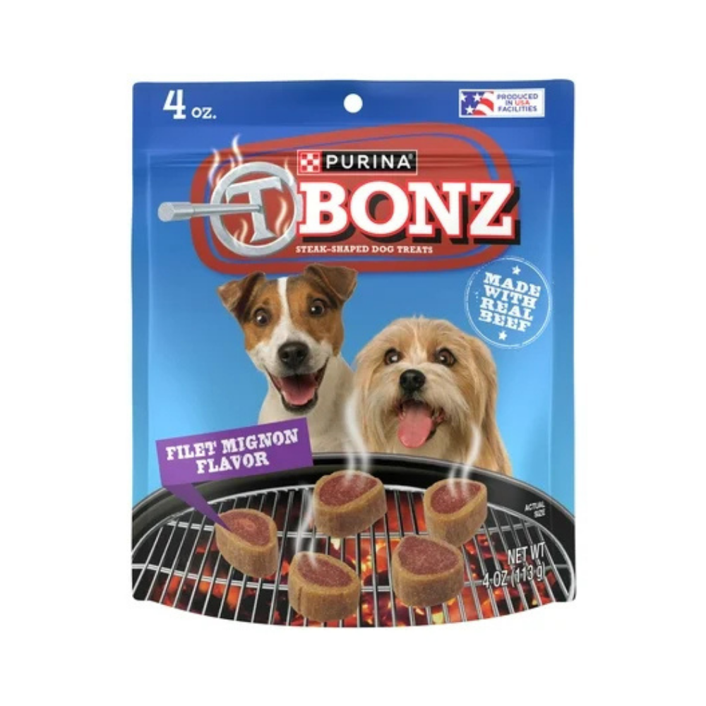 Farmacias Savia Purina T-Bonz Filet Mignon flavored dog treats in a 4oz bag, showing the packaging and treats inside.