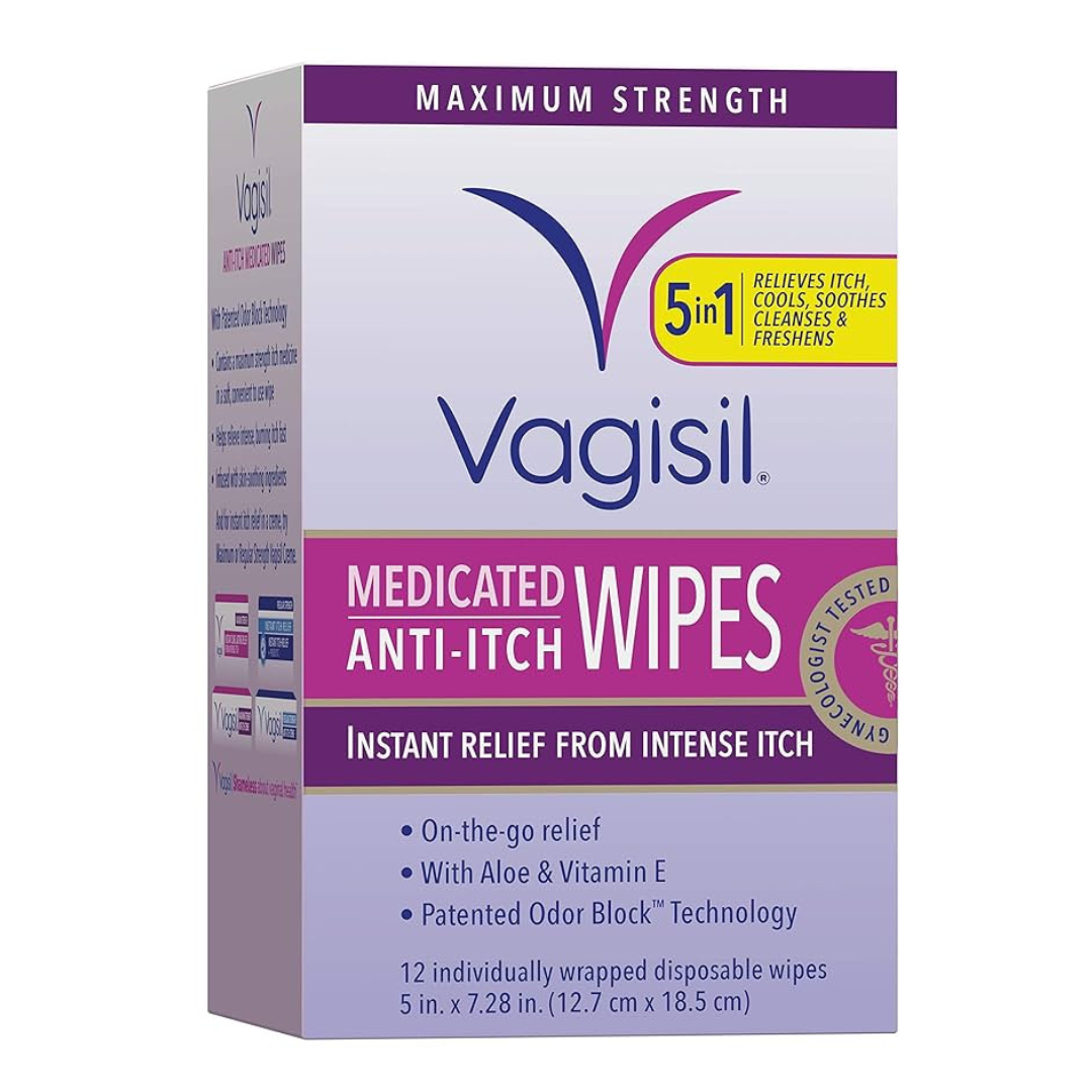 Medicated VAGISIL wipes in a 12-count pack, designed for feminine hygiene and freshness.